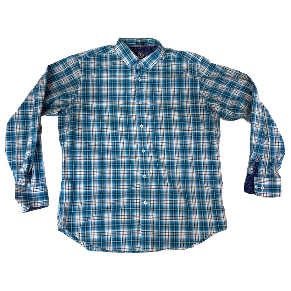 Bugatchi Classic Fit UOMO Long Sleeve Button Up Blue Green Plaid Shirt Large